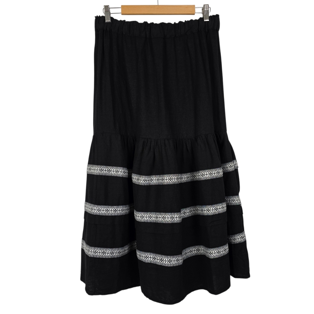 NWT 4OUR DREAMERS Women’s Black Linen Blend Embroidered Tiered Skirt XL